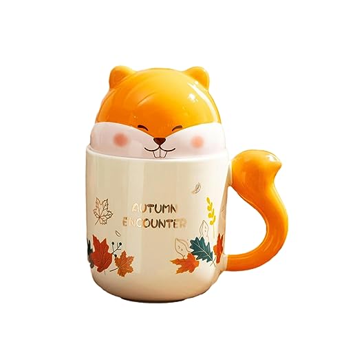 CAPIJIONG 450ml/15oz Eichhörnchen Herbst Keramik Tasse mit Deckel Kaffeetasse für Büro Zuhause Restaurant Café Teehaus braun von CAPIJIONG