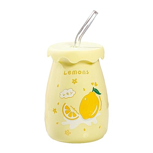 CAPIJIONG 480ml Kreative Japanische Frucht Keramik Milch Tasse mit Deckel und Strohhalm Weibliche Tasse für Büro Zuhause Restaurant Café Kumquat Zitrone von CAPIJIONG