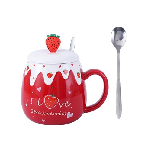 CAPIJIONG Süße Keramiktasse mit Deckel, 450 ml, für Paare, Zuhause, Büro, Frühstück, Kaffee, Milch, Tasse, rote Erdbeerliebe (normaler Löffel) von CAPIJIONG