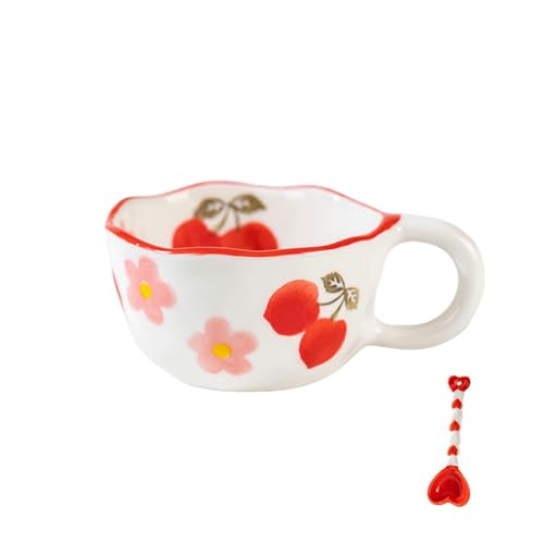 Handgehaltene unregelmäßige Keramiktasse, handbemaltes süßes Mädchenherz-Teeset – Kirsche + roter Herzlöffel von CAPIJIONG