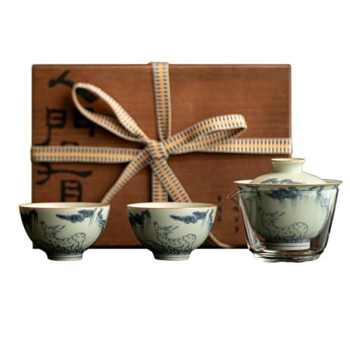 Keramik Retro Teetasse Chinesische Unterglasur Blau und Weiß Box Tee Set - Schale Set - Songlin Hirsch von CAPIJIONG