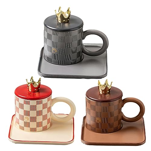 Kreative Schachbrett-Keramikbecher und -teller mit Deckel, große runde Griffe, Tassen, Mikrowellenherde, Büro- und Heim-Kaffeetassen, 260 ml, 3 Stück von CAPIJIONG
