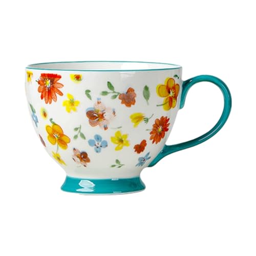 Kreative amerikanische handbemalte Keramiktasse, Mikrowellenherd, für Frühstück, Milch, Müsli, Müsli, 450 ml, blauer Rand, fragmentierte Blumen von CAPIJIONG
