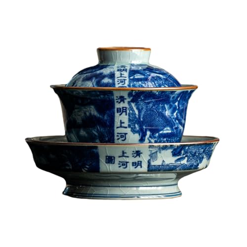 Ming Shanghe Tu Teeservice im chinesischen Stil, blaue und weiße alte Töpferei mit drei Deckeln, Kung-Fu-Tee-Set im Palast-Stil von CAPIJIONG