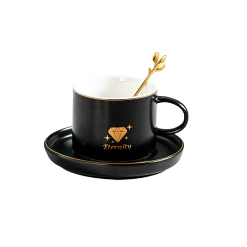 Nordic Luxus-Kaffeetasse mit vierblättrigem Kleeblatt, 220 ml – Diamant-Untertasse, Schwarz von CAPIJIONG