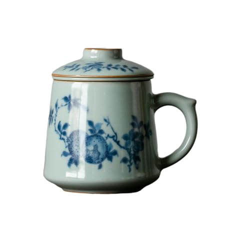 Tianqing Ru Ofen Dreiteiliges Set Teetrennung Keramik Arbeitstasse - Blau und Weiß Granatapfel Tasse von CAPIJIONG