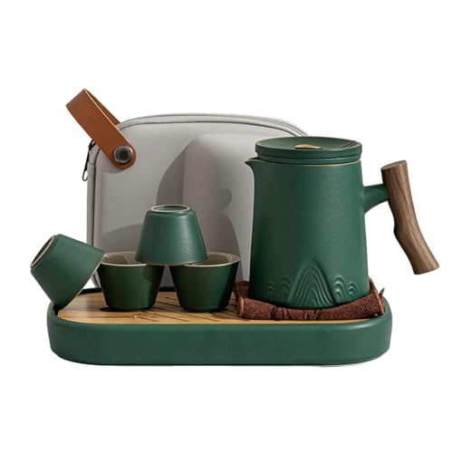Zhoushan Keramik Express One Pot Vier Tassen, Outdoor Tragbares Kung-Fu-Tee-Set – Zhoushan Reise-Set + Teetablett [Grüne Sandglasur] von CAPIJIONG