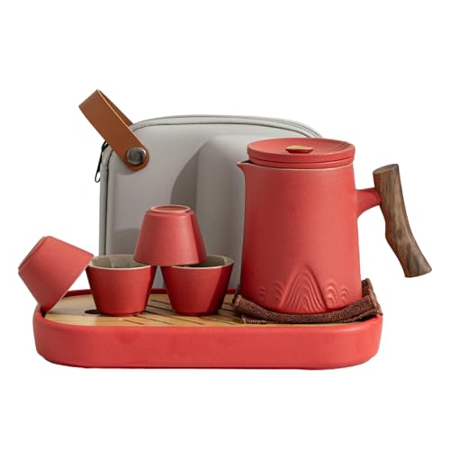 Zhoushan Keramik Express One Pot Vier Tassen, Outdoor Tragbares Kung-Fu-Tee-Set – Zhoushan Reise-Set + Teetablett [Rote Sandglasur] von CAPIJIONG