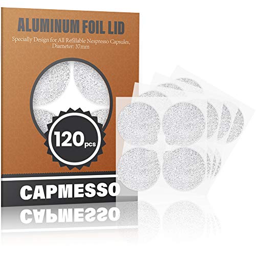CAPMESSO Selbstklebende Aluminiumfolie zur Wiederverwendung von mit espresso kompatiblen Espressokapseln - Einfache Befüllung Ihrer eigenen Kapseln mit unserem Siegeldeckelaufkleber 120/Paket von CAPMESSO