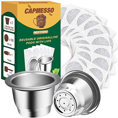 CAPMESSO Wiederverwendbare Espresso kapseln Nachfüllbare Kaffeekapseln Edelstahl Kaffeepad Kompatibel mit OriginalLine Brewer (2 Pods+100 Deckel) von CAPMESSO