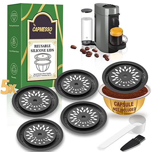 CAPMESSO Wiederverwendbare Kaffeekapsel-Deckel zur Wiederverwendung von Vertuoline-Pods, nachfüllbare Vertuo-Kapsel-Kappen-Scheibe auf allen VertuoLine-Maschinen (5 Stück Silikonkappen) von CAPMESSO