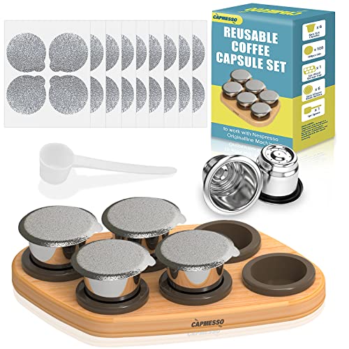 Capmesso Wiederverwendbare Kapseln für OriginalLine, 6pcs Nachfüllkapseln Edelstahl Kaffeekapseln Kompatibel mit Originaline Maschine (6 Kapseln+100 Deckel+ Holzablage) von CAPMESSO