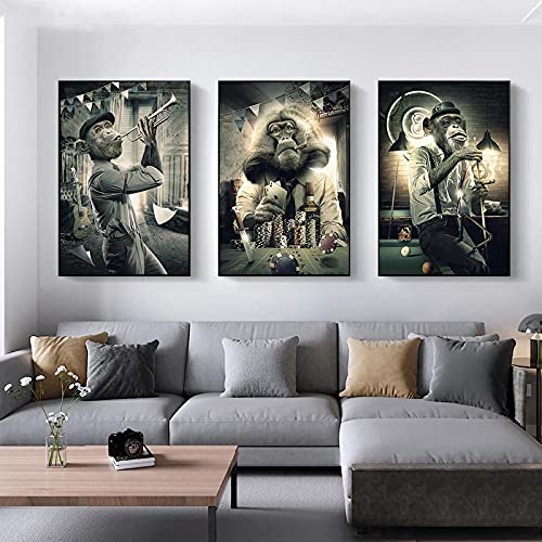 Art print Canvas Art Painting Smoking Monkey Chimpanzees Playing Cards Billiard Room Bar Animal Wall Art Posters Decor 60x90cm/23.6"x35.4"x3 Rahmenlos von CAPOOK