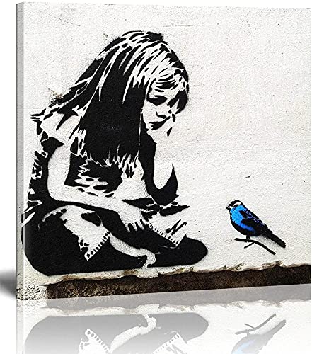 CAPOOK Bilder,Banksy Art,Street Graffiti Art,Bilder sind auf Leinwand gedruckt,（Mädchen mit blauem Vogel），Wandkunst,Wohnzimmer Inneneinrichtung (60X60cm/20x20inch) Innenrahmen von CAPOOK