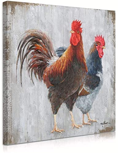 CAPOOK HD-Druck Hahn und Henne Leinwand Wandkunst für die Küche: Vintage Paar Hühner auf rustikalem Holz Hintergrund Malerei Kunstwerk Bild 50x50cm/19,7 "x 19,7" Innenrahmen von CAPOOK