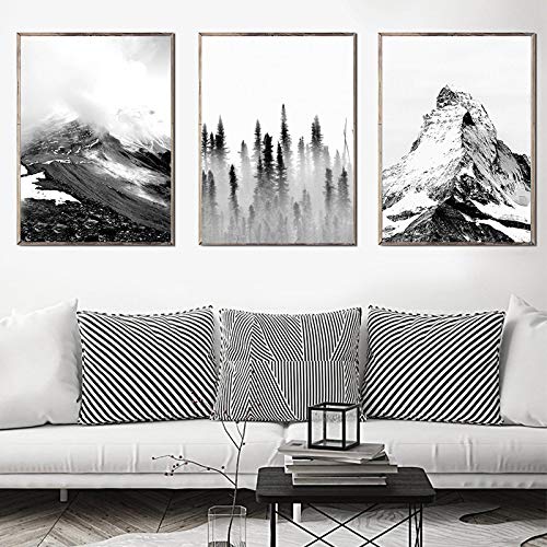 CAPOOK Nordische Wandkunst Schnee Berg Poster Schwarz-Weiß Nebelwald Leinwand Druck Poster und Drucke Wanddekoration 3 Stück-40x50 cm / 15,7"x 19,7"Kein Rahmen von CAPOOK