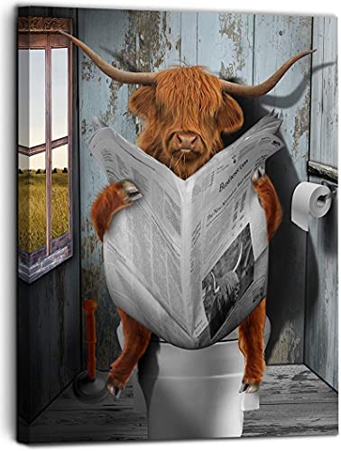 Highland Cattle Kühe lesen Zeitung in der Toilette Leinwanddrucke Wandkunst Gemälde Wohnkultur Kunstwerke Bilder Poster «50x70cm/20x28inch» Innenrahmen von CAPOOK
