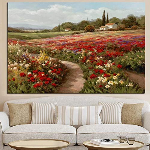 Leinwandbild Gelbes und rotes Blumenfeld Landschaftsbild Impressionist Gemälde auf Leinwand Poster und Drucke für Wohnzimmer -50x70cm / 19.7 "x27.6" Kein Rahmen von CAPOOK