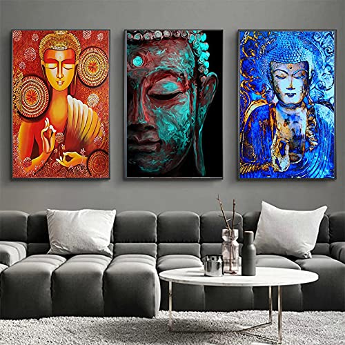 Malerei auf Leinwand Orange Blau Meditation Buddha Kunst Poster und Drucke Wandkunst Bild Wohnzimmer Dekoration 35x50cm (13,8 "x 19,7") X3 Rahmenlos von CAPOOK