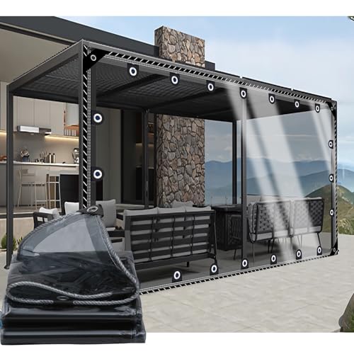 CAQXAQP Plane Transparent mit ösen 2mx6m,Abdeckplane Wasserdicht 0.4mm Wetterfest Faltbar Terrassenplane für Seitenteile Pavillon Gartenmobel Balkon LKW,Schwarz Plane Nach Maß von CAQXAQP