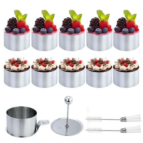 CARANNACLTD 10 Stück Dessertringe und Speiseringe, 8cm Runde Mousseringe Servierringe Edelstahl Set mit Heber & Stampfer Kleine Backringe Tortenring für DIY Mousse Torte Reiskugel Nachspeise von CARANNACLTD