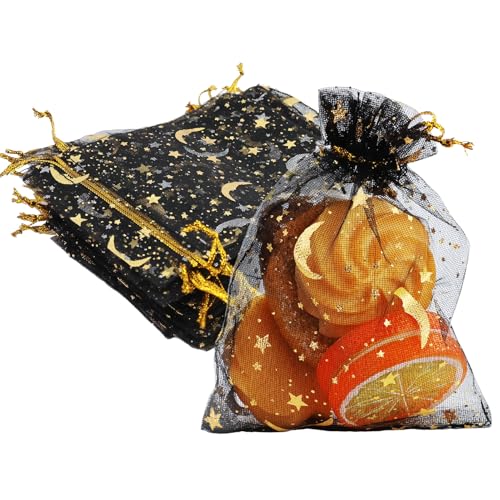 CARANNACLTD 60 Stück Schwarz Organzasäckchen 9x12 cm Druck Schmuckbeutel Organzabeutel Geschenkbeutel Hochzeit Säckchen mit Kordelzug für Festival Geburtstag Party von CARANNACLTD