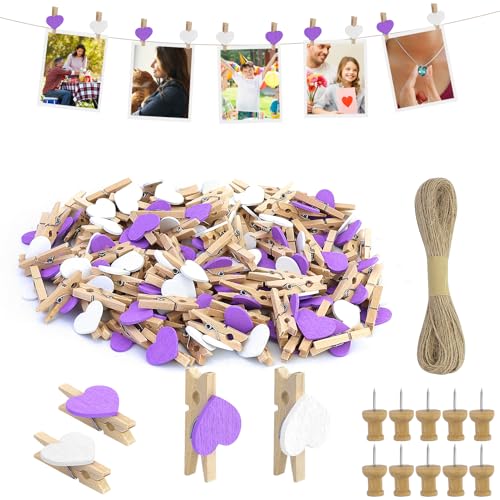 CARANNACLTD Mini-Fotoklammern, 120 Stück Herzklammern, weiße/Lila Fotoklammern mit 20 Meter Juteschnur für DIY-Dekorationen von CARANNACLTD