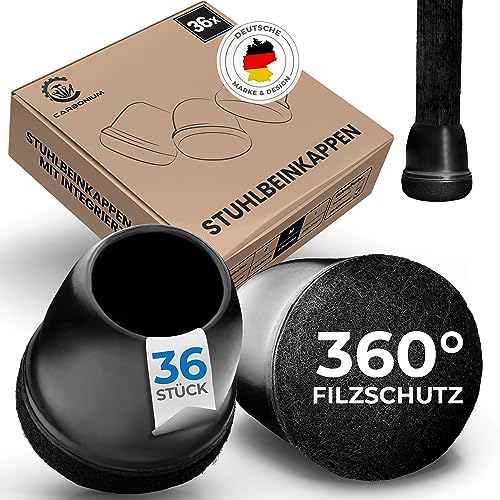 36 Stuhlbeinkappen mit schwarzem Filz - Ideal auch für schräge Stuhlbeine - Langlebige Stuhlbeinschoner für Stühle [Rund] - Premium Filzgleiter für Stühle mit 14-20 mm Durchmesser von CARBONIUM