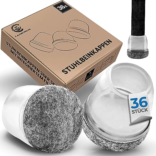 36 Stuhlbeinkappen transparent mit grauem Filz - Ideal auch für schräge Stuhlbeine - Langlebige Stuhlbeinschoner für Stühle [Rund] - Premium Filzgleiter für Stühle, Sofa, Tisch mit 14-20mm Durchmesser von CARBONIUM