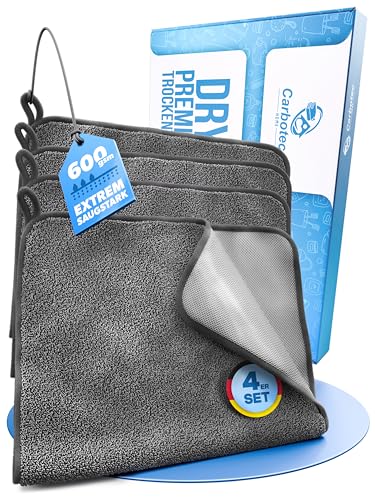 CARBOTEC® Mikrofasertücher 4er-Set – Trockentuch Dusche & Bad, streifenfreies Mikrofaser Handtuch für Duschkabine, Glas & Armaturen – Auto Trockentuch, Fensterputztuch & Poliertuch, Fast Dry von CARBOTEC