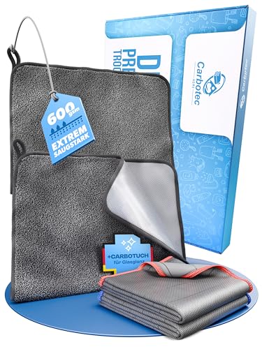 CARBOTEC® Mikrofasertücher 4erBundle – 2xTrockentuch Dusche & Bad, streifenfreies Mikrofaser Handtuch für Duschkabine & 2X Carbonfaser Glasreinigungstücher als Poliertuch, Fast Dry von CARBOTEC