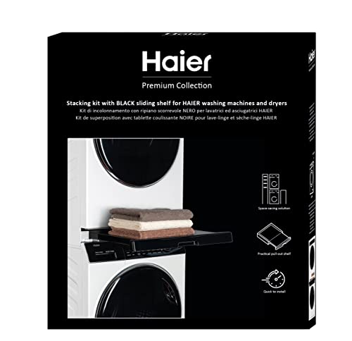 Haier Premium Universal-Verbindungsrahmen für Waschmaschinen und Wäschetrockner, platzsparend, mit schwarzem Anti-Kipp-Schieberegal, ideal für Haier Waschmaschinen und Trockner der Serien 3, 5 und 7 von Haier