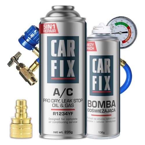 CARFIX kühlmittel r1234yf, klimagas r1234yf, klima dichtmittel r1234yf - 1 Dose 5in1 r1234yf kältemittel 235g, Schlauch mit Manometer, Adapter und Auto Lufterfrischer, 136g von CARFIX