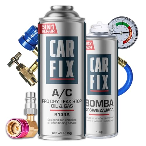 CARFIX kühlmittel r134a, klimagas r134a, klima dichtmittel r134a - 1 Dose 5in1 r134a kältemittel 235g, Schlauch mit Manometer, Adapter LPHP und Auto Lufterfrischer, 136g von CARFIX