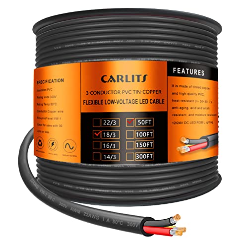 CARLITS 18 Gauge 3 Leiter Elektrokabel, 15.24M 3x0,8mm Schwarzes, Verseiltes Niederspannungs 18/3 Kabel aus PVC, Flexibles Verlängerungskabel für LED Lampe von CARLITS