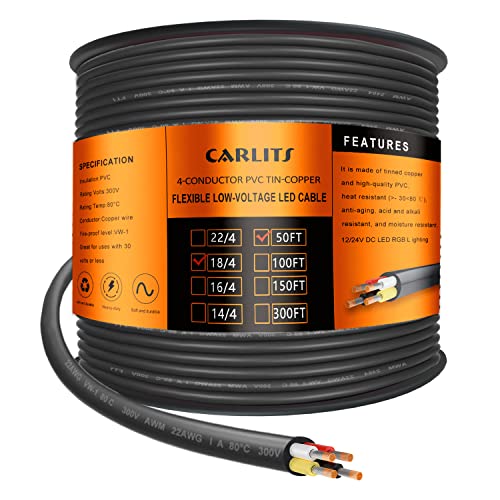 CARLITS 18 Gauge 4 Leiter Elektrokabel, 15.24M 4x0,8mm² Schwarzes, Verseiltes Niederspannungs 18/4 Kabel aus PVC, Flexibles Verlängerungskabel für LED Lampe von CARLITS