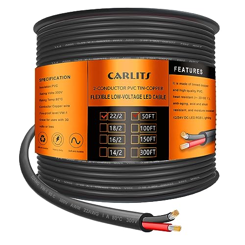 CARLITS 22 Gauge 2 Leiter Elektrokabel 2x0,32mm², 15,24M Niederspannungskabel 22/2, Flexibles Verlängerungskabel für LED-Lampen, Automobil, Boot, Elektronik von CARLITS