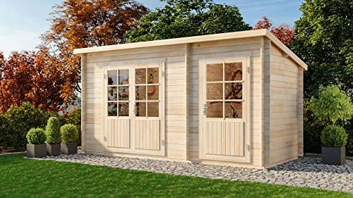 Alpholz Gartenhaus Martina-28 mit Anbau aus Massiv Holz | Gerätehaus mit 28 mm Wandstärke | Garten Holzhaus inklusive Montagematerial | Geräteschuppen 450 x 200 cm | Pultdach von CARLSSON