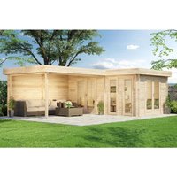 Carlsson Flachdach Gartenhaus Modell Quinta iso aus Holz Holzhaus mit Schleppdach Freizeithaus mit Terrasse Blockbohlenhaus, 44 mm, naturbelassen von ALPHOLZ