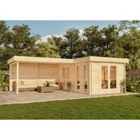 Carlsson Flachdach Gartenhaus Modell Quinta iso aus Holz Holzhaus mit Schleppdach Freizeithaus mit Terrasse Blockbohlenhaus, 44 mm, naturbelassen von ALPHOLZ