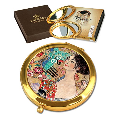 CARMANI - Gold überzogene Bronze Tasche, kompakte, Reisen, Spiegel mit Klimt 'Dame mit Fächer' Malerei verziert von CARMANI