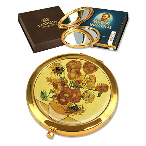 CARMANI - Gold überzogene Bronze Tasche, kompakte, Reisen, Spiegel mit Van Gogh 'Sonnenblumen' Malerei verziert von CARMANI