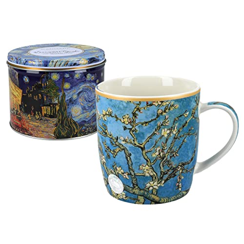 Carmani Porzellantasse für Tee oder Kaffee in einer Metalldose Tee Kaffee Zuckerdose Aufbewahrungsbox mit Deckel bedruckt mit Vincent Van Gogh, Mandelblüte von CARMANI