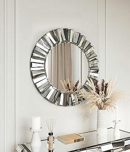 CARME Knightsbridge Wandspiegel, rund, 3D-Spiegelglas-Effekt, Design für Schlafzimmer, Wohnzimmer, Flur (Grau Silber) von CARME