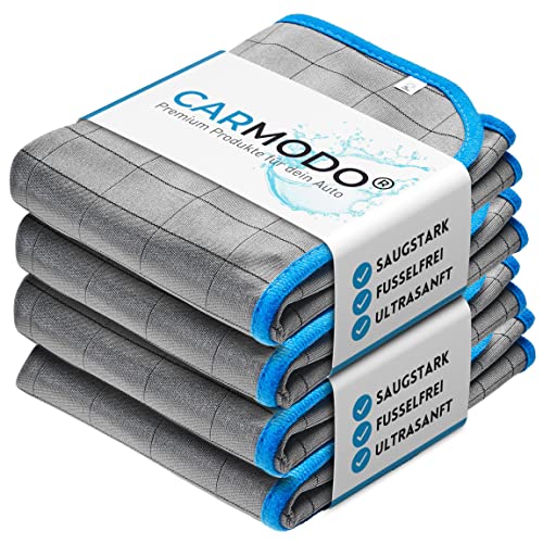 CARMODO 4X Premium Carbontücher – Microfaser Glastücher für Streifenfreie, Kristallklare Scheiben – Reinigungstuch mit 400 GSM – Carbon Microfaser Tücher für Autos, Microfasertuch Glas – 40x40 cm von CARMODO