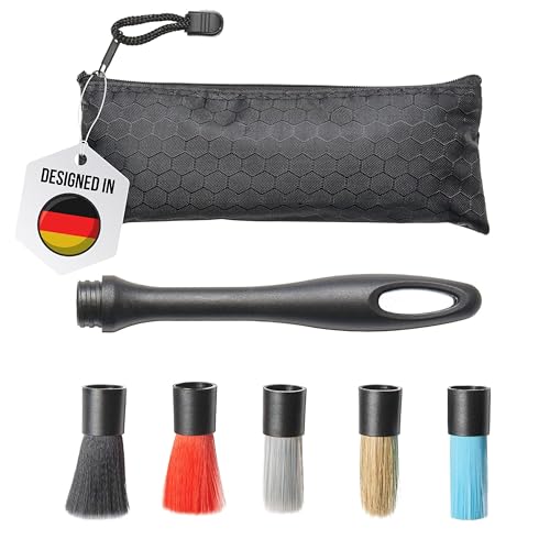 CARMODO® Detailing Pinsel - 5X Wechselbare Auto Pinsel Innenraum - Weich bis Hart - Inkl. Felgenpinsel Aufsatz - Reinigungspinsel für alle Oberflächen - Car Cleaning Kit mit praktischer Tasche von CARMODO