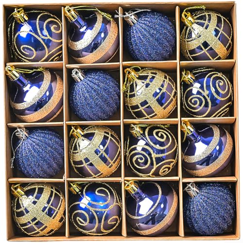 16-teiliges Weihnachtskugel-Set, handbemalt, mit glitzernden Kunststoffkugeln für Urlaubsdekoration, und glänzendes Metallic-Finish (Königsblau) von CARMOTTER
