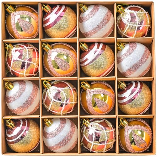 16-teiliges Weihnachtskugel-Set, handbemalt, mit glitzernden Kunststoffkugeln für Urlaubsdekoration, und glänzendes Metallic-Finish (Roségold) von CARMOTTER