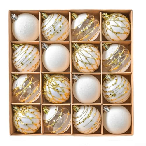 16-teiliges Weihnachtskugel-Set, handbemalt, mit glitzernden Kunststoffkugeln für Urlaubsdekoration, und glänzendes Metallic-Finish (weiß) von CARMOTTER