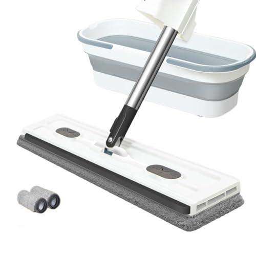 360° drehbarer Wischmopp, großer flacher Wischmopp mit Teleskopstiel, Staubkehrer, Reinigung für Fliesen und Hartholz (Mop+2 Tücher + Falteimer) von CARMOTTER